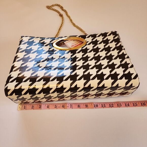 EY Boutique Handbag Womens Black White Have Some Houndstooth Gold Chain Handles - Picture 2 of 8